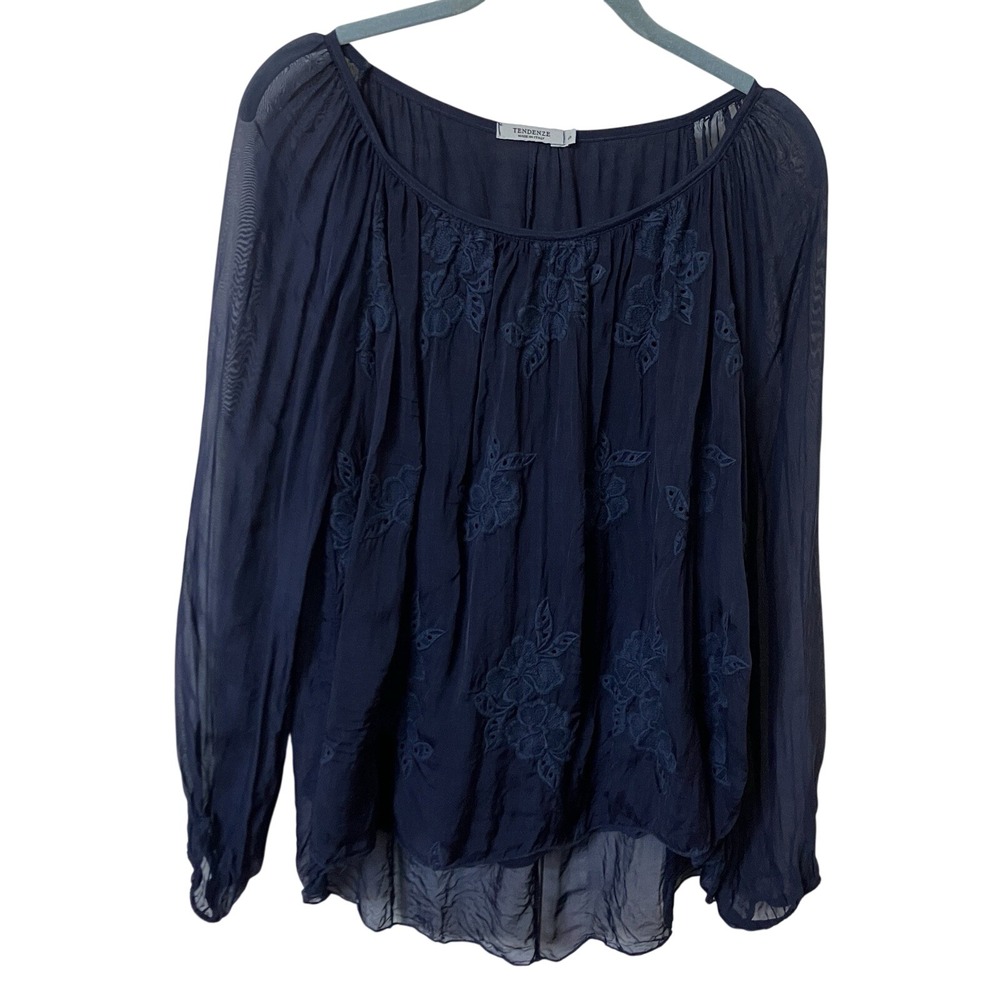 Tendenze Made in Italy Navy Blue Silk Blend Floral Embroidered Blouse Small